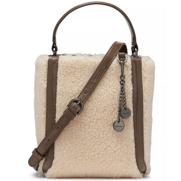 CALVIN KLEIN Astatine sherpa and patent leather top handle mini crossbody -Taupe - Picture 1 of 11